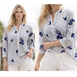 Limelight Linen Striped Embroidered Floral Button Placket Shirt Large White Navy